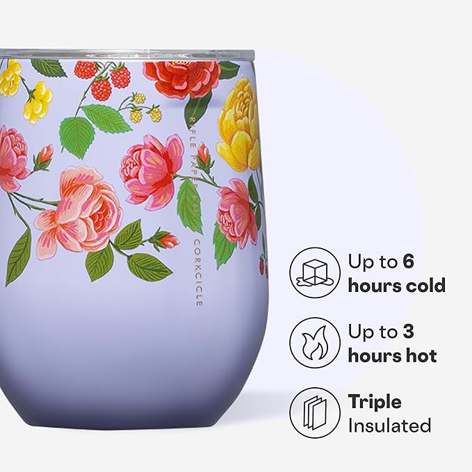 Corkcicle Stemless Insulated Wine Glass Tumbler - Keeps Beverages Cold 6 Hrs Hot 3 Hrs - Stainless Steel - Easy-Grip - Gift for Mom - Great for Mother's Day or Christmas - 12 oz - Roses Purple