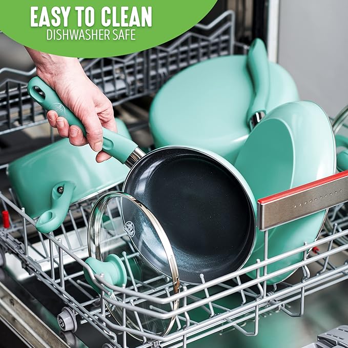 GreenLife Soft Grip Diamond Healthy Ceramic Nonstick 13 Piece Cookware Pots and Pans Set, PFAS-Free, Dishwasher Safe, Turquoise, Diamond Cookware
