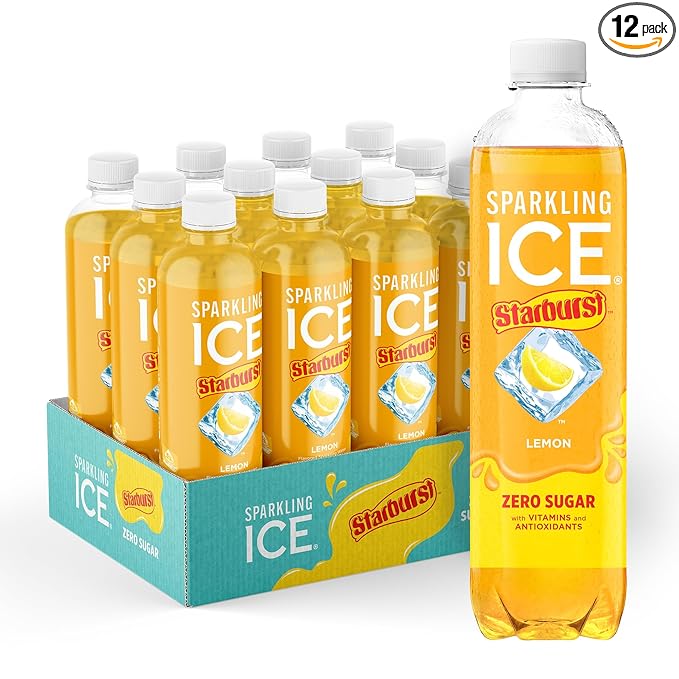Sparkling Ice STARBURST Lemon, Zero Sugar Flavored Sparkling Water, with Vitamins and Antioxidants, Low Calorie Beverage, 17 fl oz Bottles (Pack of 12)