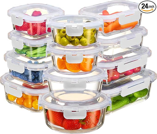 FineDine 24 Piece Glass Airtight Storage Containers with Lids - Leak Proof, Dishwasher Safe Glass Food Storage Containers for Meal Prep or Leftovers, White