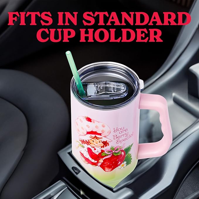 Silver Buffalo Strawberry Shortcake You Are Berry Special Vintage Pink and Green Ombre Stainless Steel Tumbler with Handle and Straw, Fits in Standard Cup Holder, 40 Ounces