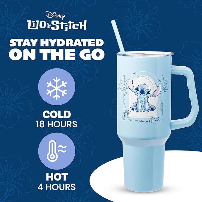 Silver Buffalo Disney Lilo and Stitch Minimalistic Design Ocean and Tropical Stainless Steel Tumbler with Handle and Straw, Fits in Standard Cup Holder, 40 Ounces