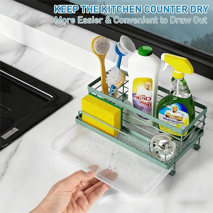 Cisily Sage Green Sponge Holder for Kitchen, Sink Caddy Sink Organizer Rack for Kitchen Accessories with Drip Tray, Rustproof and Non-slip, Soap Dispenser Countertop Organizer Essentials for New Home