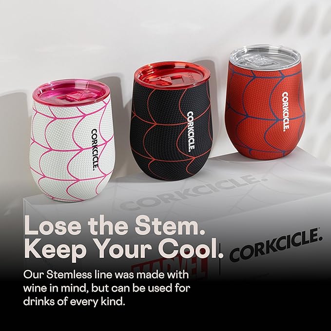 Corkcicle Stemless Insulated Wine Glass Tumbler - Keeps Beverages Cold 6 Hours & Hot 3 Hours - Stainless Steel - Easy-Grip - Summer Drinkware Gift - Keeps Drinks Ice Cold - 12 oz - Spider-Man