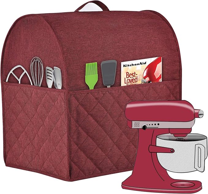 Stand Mixer Dust-proof Cover for KitchenAid Mixer，Multi Pockets for Various Kitchen Appliance Accessories，Water-resistant，Easy Cleaning (Wine red, Fit for Tilt Head 4.5-5 Quart)