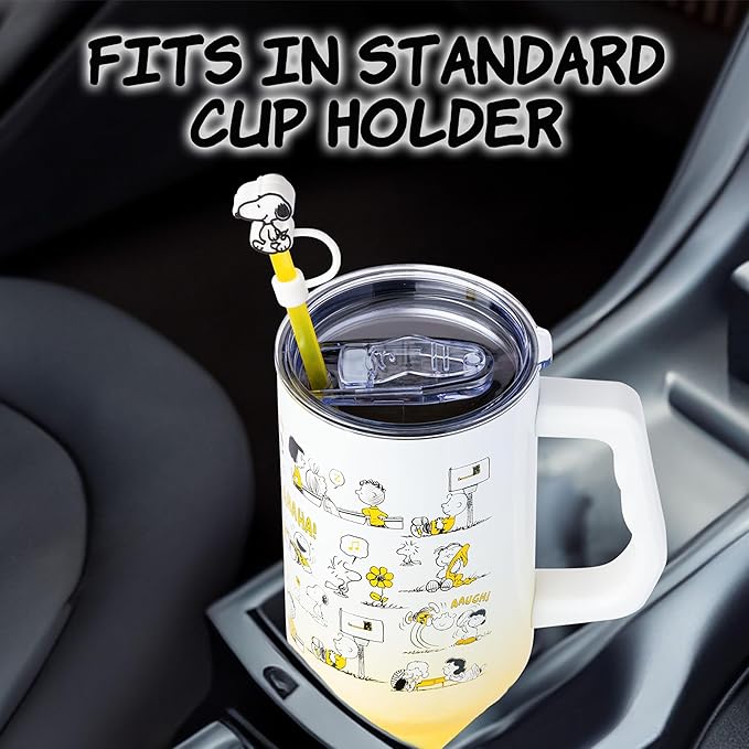 Silver Buffalo Peanuts Iconic Scenes Featuring Charlie Brown, Snoopy, Woodstock, Lucy, Sally, Linus & More Stainless Steel Tumbler w Handle, Straw, & Straw Cap, Fits in Standard Cup Holder, 40 Ounces