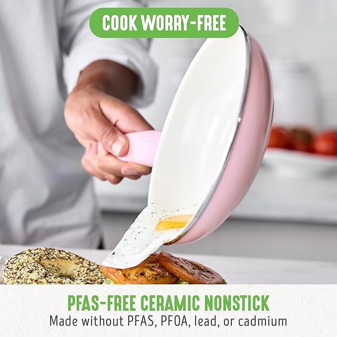 GreenLife Soft Grip Healthy Ceramic Nonstick, 12" Frying Pan Skillet with Lid, PFAS-Free, Dishwasher Safe, Pink