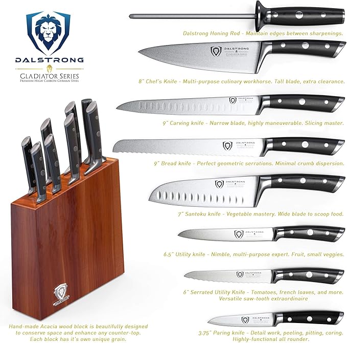 The Gladiator Series Elite 8-Piece Knife Block Set Gift Set Bundled with The Dalstrong Premium, Extra-Large Whetstone Kit - #6000/#1000 Grit with Stand