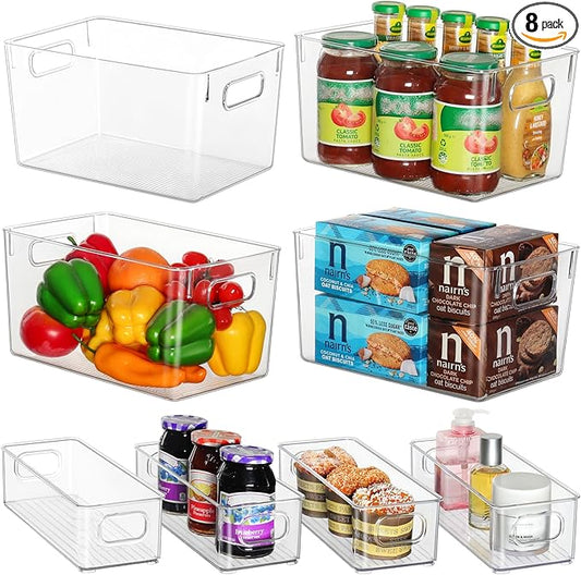 Clear Storage Bins 8 Pack for Fridge,4 Large Plastic Pantry Organizer Bins and 4 Small Stackable Storage Containers for Home Edit Kitchen Freezer Bathroom Under Bed Vanity Drawers