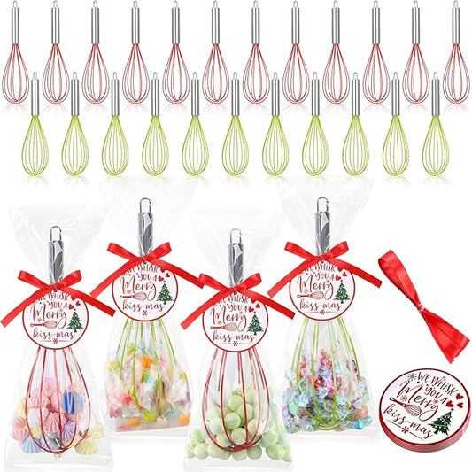 36 Sets 10 Inch Christmas Whisks Gifts DIY Fillable Christmas Tree Ornaments Xmas Colored Silicone Whisks for Cooking Heat Resistant Egg Beaters with Card Rope Bag for Candy Holder