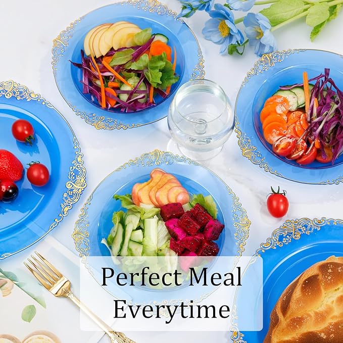 Nervure 50PCS Blue Plastic Bowls with Gold Rim - 12oz Disposable Soup Bowls, Heavy Duty Salad Dessert Bowl Perfect For Weddings, Father's Day and Everyday Use