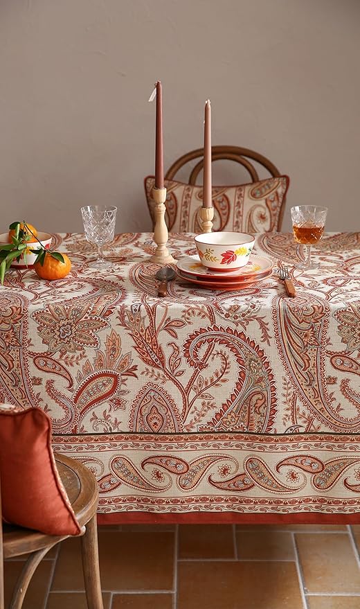 ISAENNE Designer French Red Small Square Tablecloth,Fall Linen Table Cloth with Cashew Pattern,Stain Proof Decor Tablecloths for Dining Thanksgiving Kitchen Christmas,55"*55"-Chauffrey D