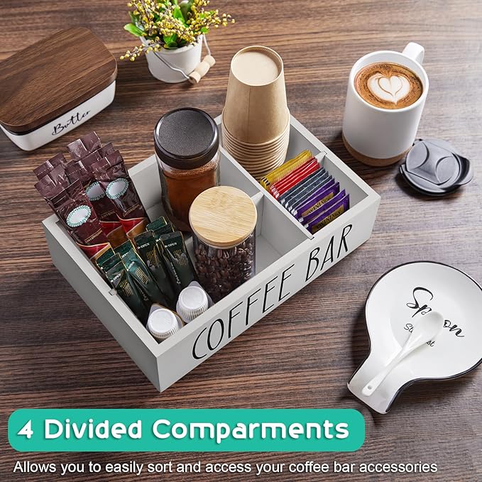 ALELION ALEION White Coffee Station Organizer - Wood Countertop Accessories Organizer with Removable Dividers for Pods Condiment Syrup Tea Cups Stirrers