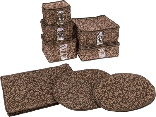 8-Piece Storage Containers Set – China, Brown, Quilted, Stackable Dish & Plate Protectors – Glass & Dinnerware Organizer Lids – Kitchen Storage for Meal, Tupperware, Glass Containers & Food Storage