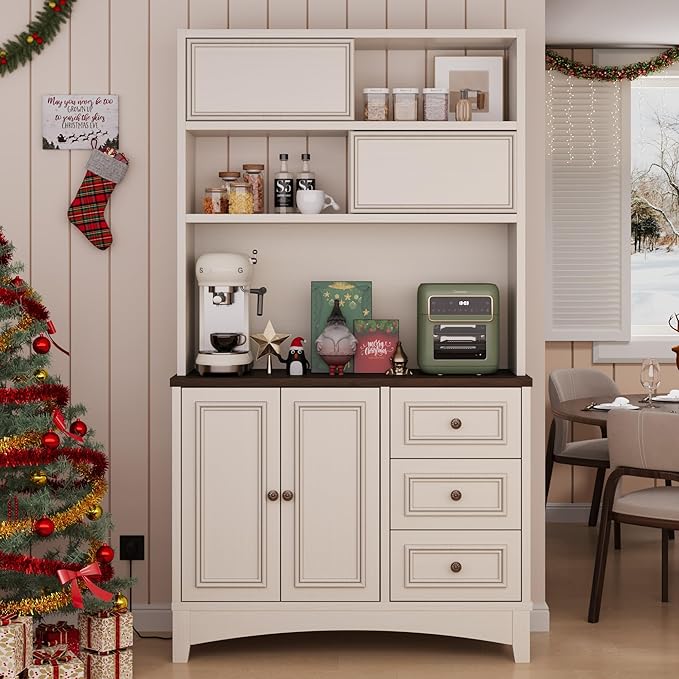 71" Antique White Pantry Cabinet with Charging Station, 4-Type Storage & Anti-Tip Design, Farmhouse Kitchen Cabinet with Adjustable Shelves