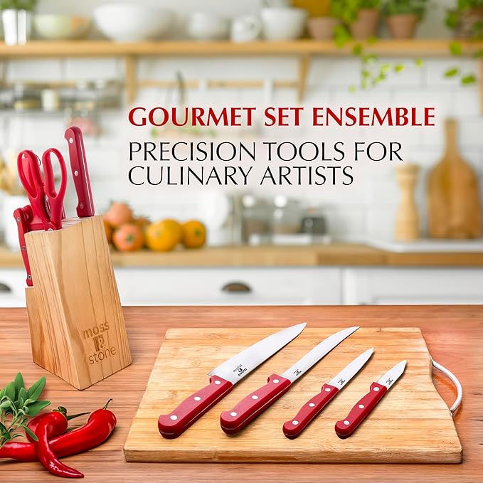 Moss & Stone 14 Pcs Knife Block Set Stainless Steel, Premium Forged Kitchen Knives Set with High-Carbon Blades, Ergonomic Handle, Sharp Blade, Rust Resistant, Modern Style for Home & Chef, Red