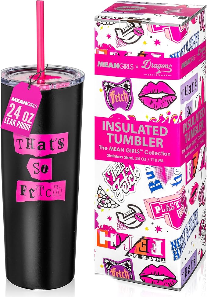 Dragon Glassware x Mean Girls Vacuum Insulated Tumbler with Lid and Straw - 24 oz Tumbler Cup with 2 Straws - Stainless Steel Tumbler with Straw for Water, Iced Tea - That's So Fetch