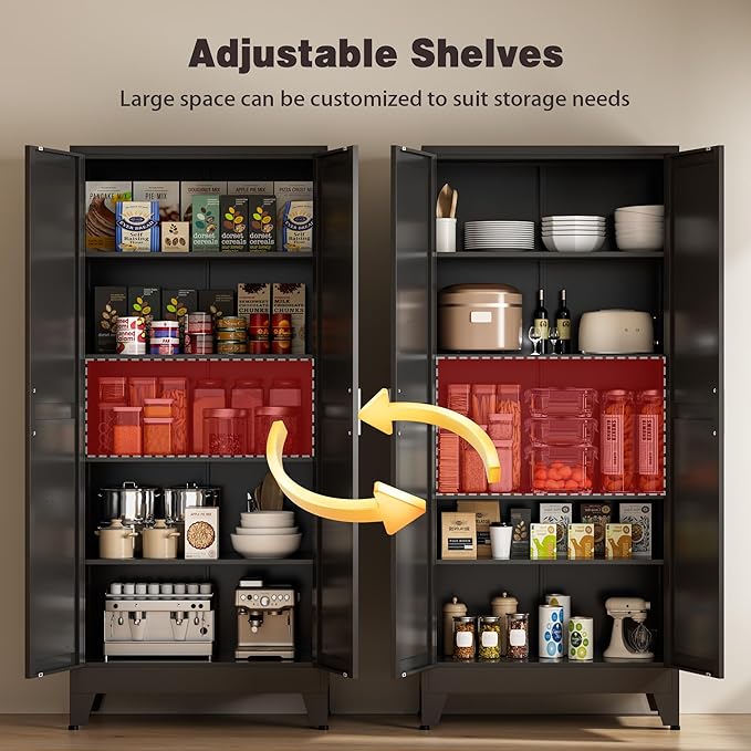 71" Tall Metal Pantry Cabinet, Kitchen Storage Cabinet with 2 Doors and 4 Adjustable Shelves for Kitchen, Living Room, Dining Room, Bathroom and Home, Office (Black, 71" H)