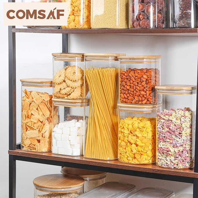 ComSaf Glass Food Storage Containers Set, 3 Pcs Airtight Clear Food Jars with Lids, Square Stackable Kitchen Canisters, Glass Jars For Spaghetti Pasta, Spice, Sugar, Candy, Tea, and Coffee Beans