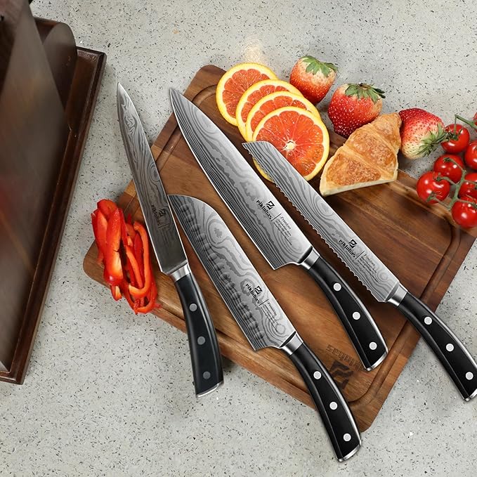 Knife Sets for Kitchen with Block, 17 Pieces with Magnetic Knife Holder, German High Carbon Stainless Steel Damascus Pattern Chef Knife Set