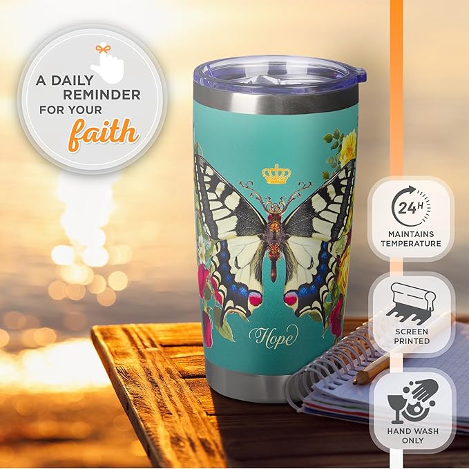 Christian Art Gifts Stainless Steel Double Wall Vacuum Insulated Tumbler 18 oz Butterfly Teal BPA-free Travel Mug with Retractable Lid Inspirational Bible Verse for Women - Hope -Isaiah 40:31