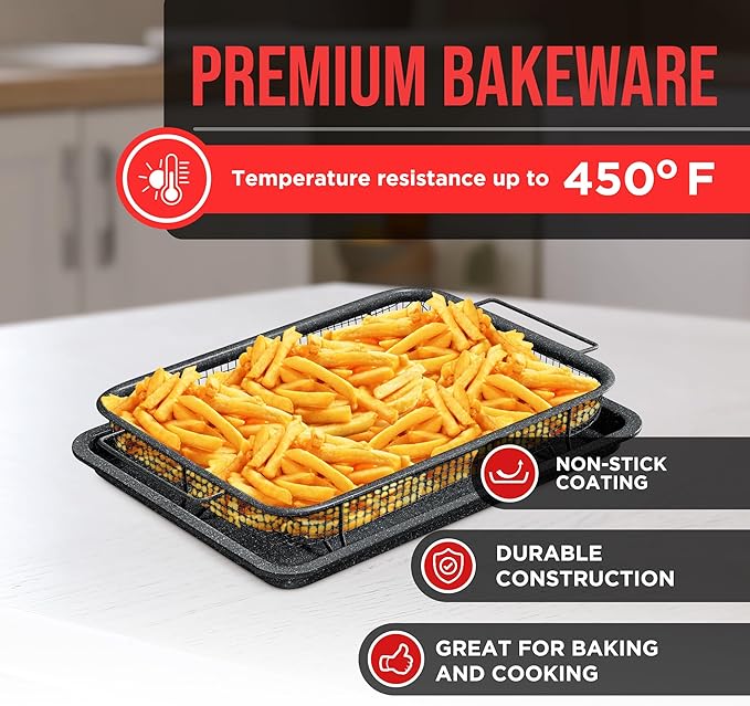 Bakken-Swiss Crisper Tray, Non-Stick Gray Marble | Healthier Cooking | For Regular Ovens | 2-Piece Set, Pack of 4