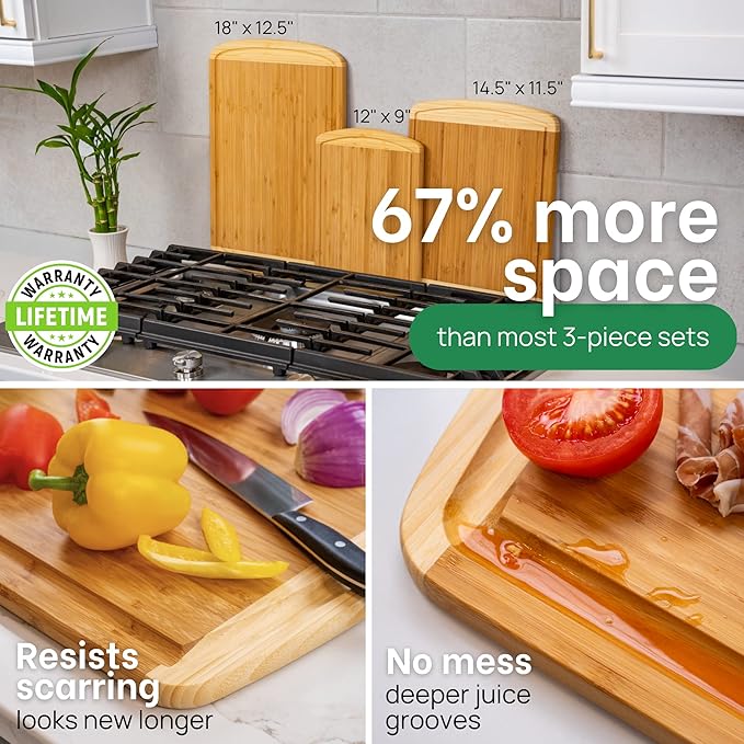 Organic Wooden Cutting Boards for Kitchen Set of 3 with Lifetime Replacements – Premium Extra Large Bamboo Chopping Boards with Juice Grooves for Carving & Serving, Non-Toxic & Durable by Greener Chef