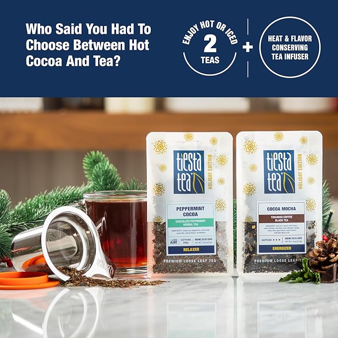 Tiesta Tea - Hot Cocoa Tea Gift Set, Loose Leaf, Cocoa Mocha & Peppermint Holiday Blends with Infuser, High to Non-Caffeinated, Stainless Steel Brew Basket & 2 Resealable Pouches