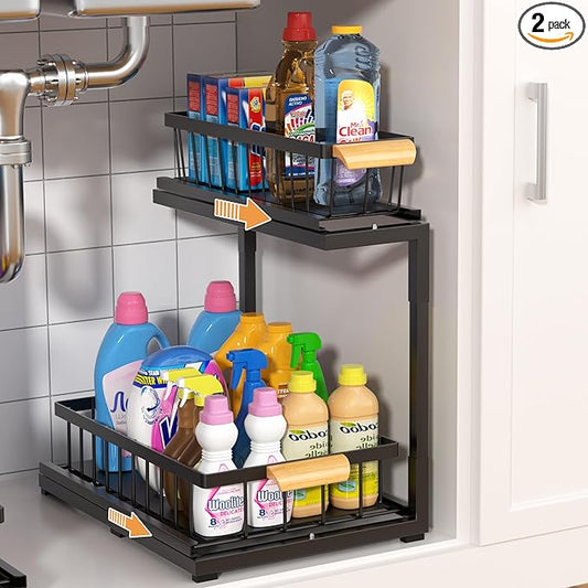 Under Sink Organizer, 2 Tier Under Sink Organizers and Storage, Slide Out Pull Out Cabinet Organizer Shelf, Metal Sliding Drawer for Kitchen Bathroom Pantry Cabinet Closet Organization Rack