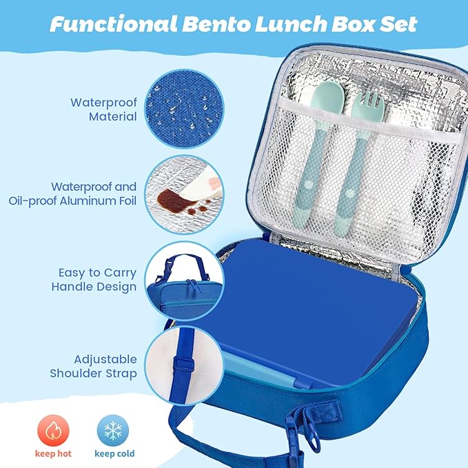 Kids Bento Lunch Box with Thermos, Leakproof Toddler Bento Box with 9 OZ Insulated Food Jar, Lunch Bag & Utensils 3 or 4 Compartment Container for School Girls Boys