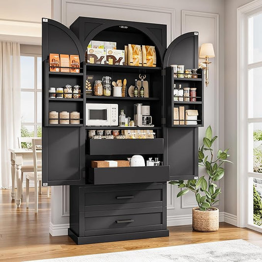 iPormis 71" Tall Kitchen Pantry Storage Cabinet w/Adjustable Shelf, Large Drawers & Door Shelves, Freestanding Kitchen Cupboard for Dining Room/Living Room, Black