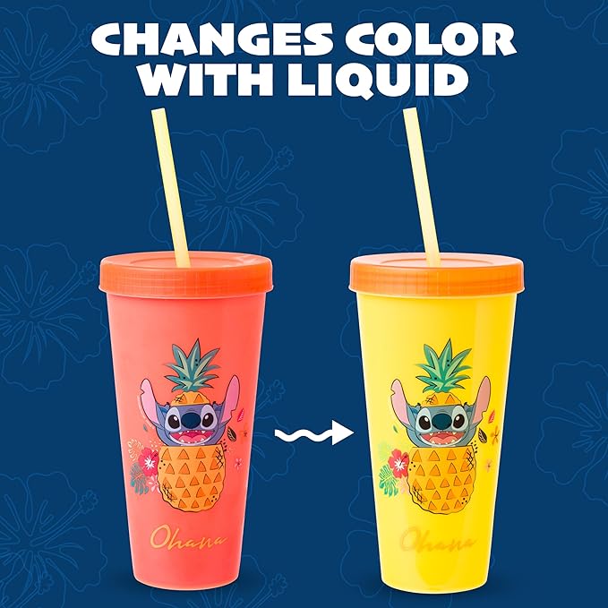 Silver Buffalo Disney Lilo and Stitch Tropical Poses 4 Pack Color Change Plastic Tumbler, 24 Ounces