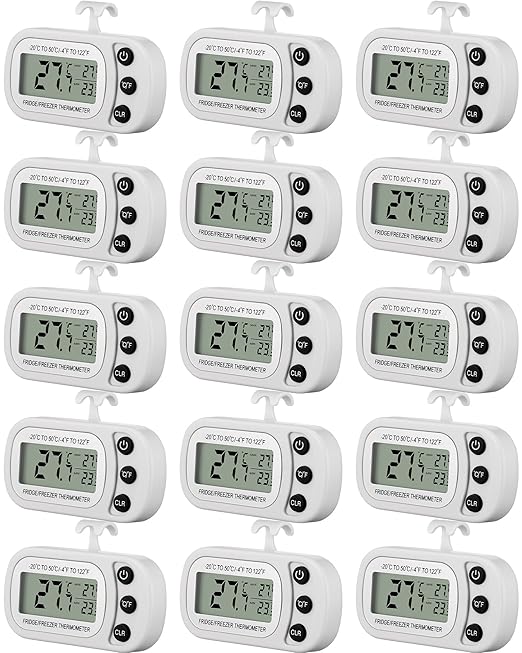 Frienda 16 Pack White Digital Fridge Thermometer Waterproof Refrigerator and Freezer Room Max/min Record Function LCD Screen Refrigerator Thermometer with Hook and Magnetic Back for Home