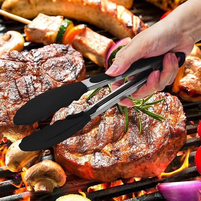 Premium Stainless Steel Heat Resistant Kitchen Tongs for cooking,set of 9" and 9" (Black),Non Scratch Silicone cooking Tong Tip for Cooking Pans,Strong Grip BBQ tongs for Grabbing Hot Food