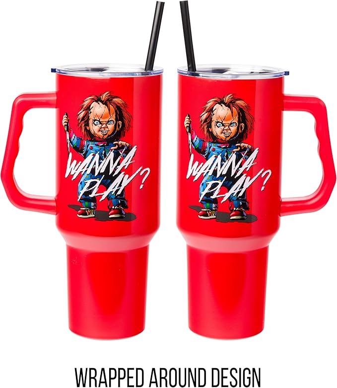 Silver Buffalo Chucky Wanna Play Stainless Steel Tumbler with Handle and Straw, Fits in Standard Cup Holder, 40 Ounces