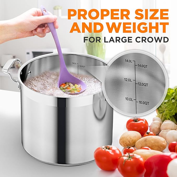 Stainless Steel Cookware Stockpot - 14 Quart, Heavy Duty Induction Pot, Soup Pot with Stainless Steel, Lid, Gas, Induction, Ceramic, Glass and Halogen Cooktops Compatible - NutriChef NCSPT14Q