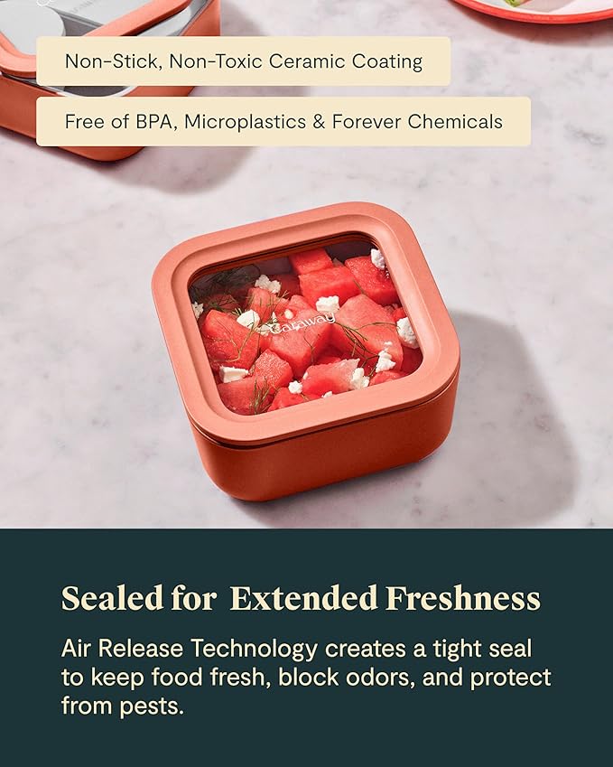 Caraway 2pc Glass Food Storage Set - 4.4 Cup Food Containers (2) - Ceramic Coated - Non Toxic, Non Stick Lunch with Lids - Dishwasher, Oven, & Microwave Safe - Perracotta