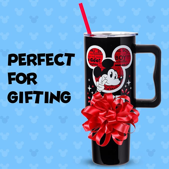 Silver Buffalo Disney Classic Mickey Mouse Hashtag Current Mood “#currentmood” Stainless Steel Tumbler with Handle and Straw, Fits in Standard Cup Holder, 40 Ounces