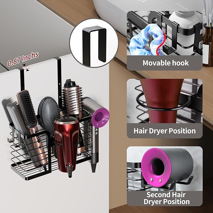 YIGII Hair Dryer Holder,3 in 1 Hair Tools Organizer Blow Dryer Holder Adjustable Height Cabinet Door/Wall Mounted Bathroom Organizer and Storage for Hair Dryer,Flat Irons,Curing Wands.