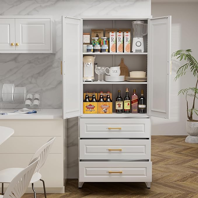 75" Tall Metal Storage Cabinet, Kitchen Pantry Storage Cabinets with Doors and Shelves, White Pantry Cabinet with 3 Drawer, Utility Kitchen Cupboard, Large Steel Cabinets for Living Room