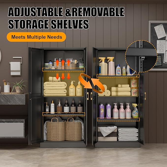 60" Tall Kitchen Storage Cabinet with 2 Doors, Metal Kitchen Pantry Cabinets with 3 Adjustable Shelves, Black Freestanding Food Cabinet, Large Cupboard for Office, Dining, Living Room,Hallway