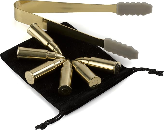 The Wine Savant Bullet Whiskey Chillers Stones - 1.75in Whiskey Rocks Set of 6 - Stainless Steel Bullet Shaped Ice Cubes, Gift Box Come, Tongs and Storage Bag, Whiskey or Scotch Rocks (Gold)