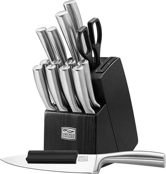Chicago Cutlery Malden (16-PC) Kitchen Knife Block Set With Wooden Block & Built-In Sharpener, Contoured Handles and Sharp Stainless Steel Professional Chef Knife Set & Scissors
