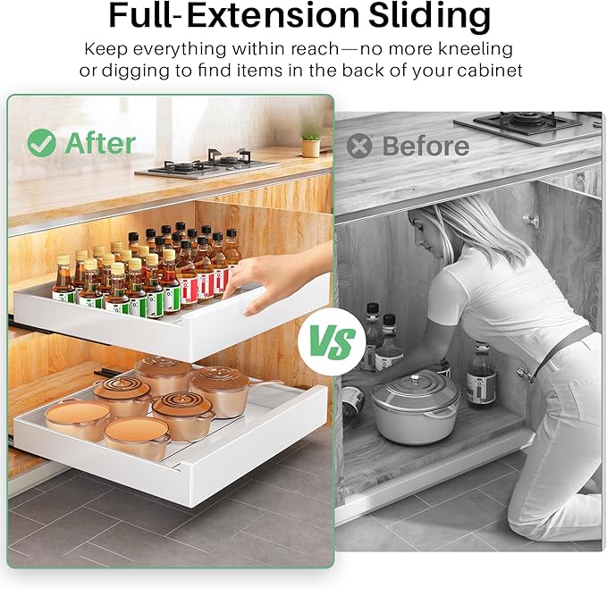2Pack Pull out Cabinet Organizer, 21"Deep, Heavy Duty Full-extension Slide out Drawers for Kitchen Cabinet, Roll out Shelf Storage with Nano Adhesive for Pots, Bathroom, Pantry, Home, White