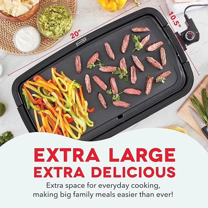 DASH Deluxe Everyday Electric Griddle with Dishwasher Safe Removable Nonstick Cooking Plate for Pancakes, Burgers, Eggs and more, Includes Drip Tray + Recipe Book, 20” x 10.5”, 1500-Watt - Red