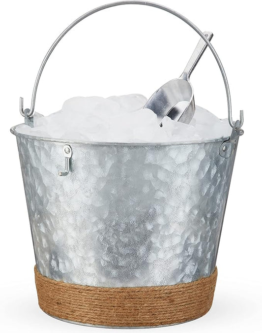 Twine Farmhouse Ice Bucket with Scoop - Beverage Tub Wrapped with Rope for Parties - Galvanized Metal Bucket Cooler & Drink Tub Holds 1 Gallon