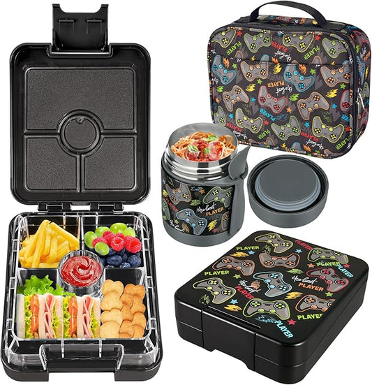 Bento Lunch Box Set for Kids with 10oz Soup Thermo, Leak-Proof Lunch Containers with 4 Compartment, Kids Thermo Hot Food Jar and Insulated Lunch Bag for Kid to School,BPA-Free(Black-Game Console)