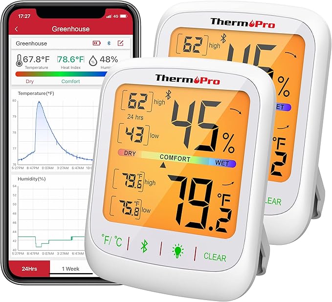ThermoPro Bluetooth Hygrometer Thermometer, 260FT Wireless Remote Temp and Humidity Meter, with Large Backlit LCD, Data Storage and Export, Temperature and Humidity Monitor, Max Min Records, 2 Pack