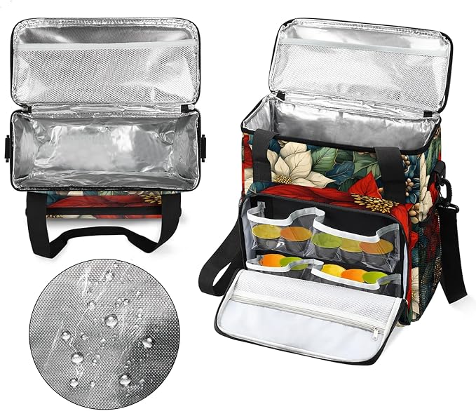 Christmas Flower Leaves Coffee Maker Travel Bag, Poinsettia Floral Insulated - Image 3