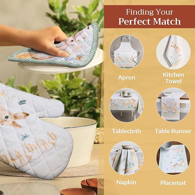 Maison d' Hermine 100% Cotton Oven Mitt & Pot Holder Set (7.5"x13" & 8"x8") Heat Resistant BBQ Cooking Gloves with Loop, Baking, Grilling, Kitchen, Handling Hot Pans Spring/Summer (Easter Dew)